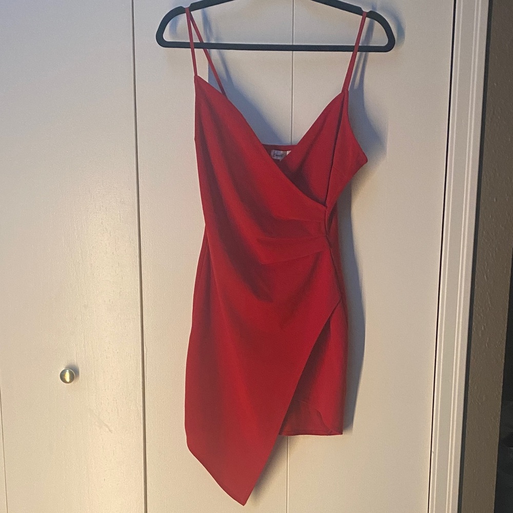 Red Spaghetti-Strap Wrap-Style Mini Dress